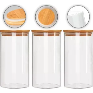 Kit 3 Potes De Vidro Com Tampa De Bambu 1300ml Mantimentos